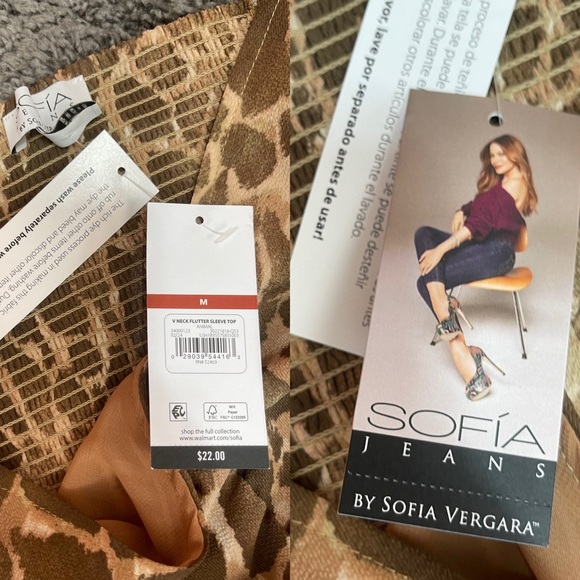 Sofia Jeans by Sofia Vergara V-neck flutter sleeve top animal print size M - Picture 9 of 15